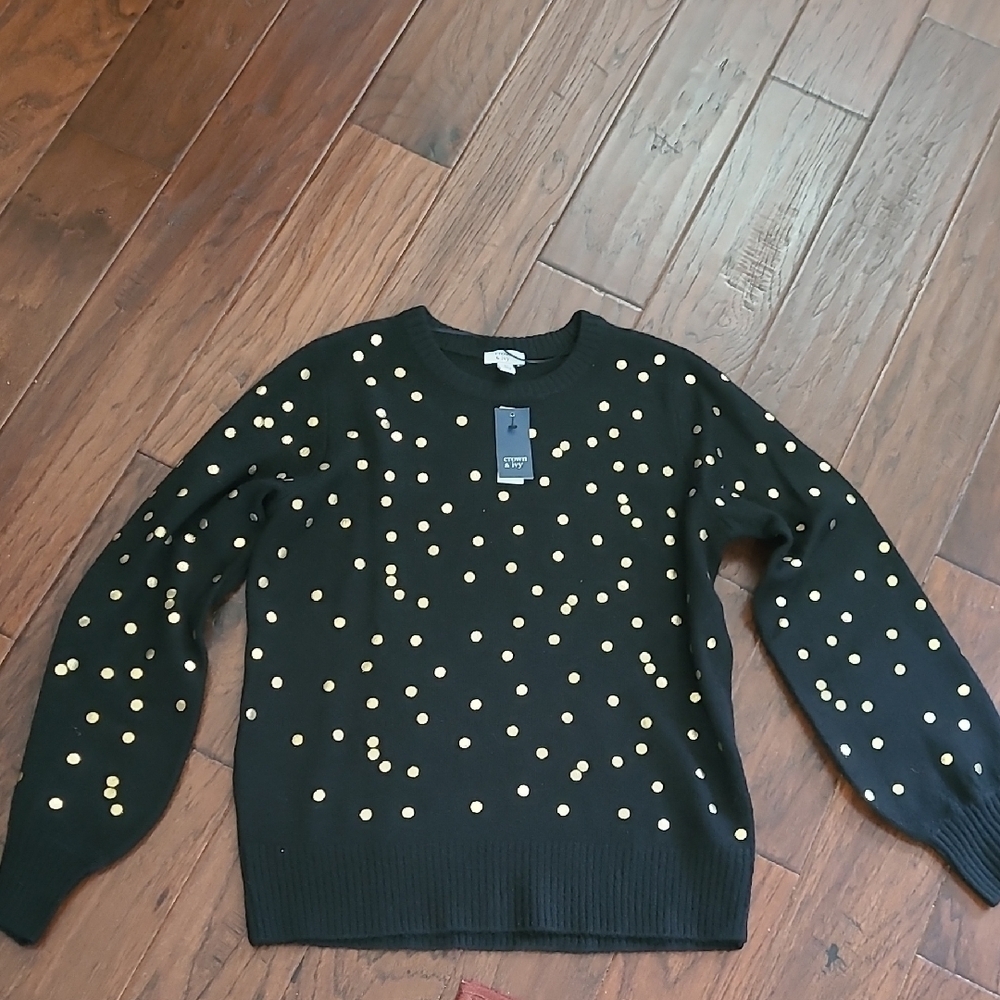 NWT Crown & Ivy Black Crew Neck Sweater with Gold Polka-dots Size XL